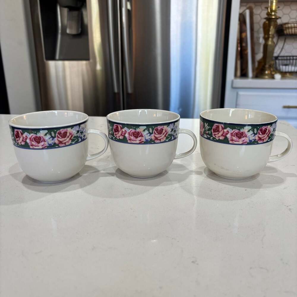 Set of 3 Tienshan Intro Stoneware Pink Rose Floral Coffee Mugs
